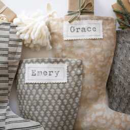 Neutral Linen Christmas Stockings With Personalization, Block Printed Holiday Stocking Modern Farmhouse Decor - thumbnail 3