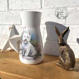 Glass Vase West Highland Terrier Westie Lavender Flowers Dog Decor Decoupaged Decorative Handmade - thumbnail 2