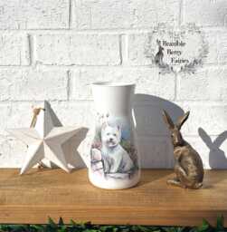 Glass Vase West Highland Terrier Westie Lavender Flowers Dog Decor Decoupaged Decorative Handmade - thumbnail 1