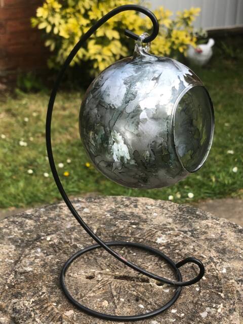 Hand Painted Glass Candle Holder. Suspended Hanging Tea Light Holder With Stand. Grey & Silver Home Decor Accessories. Homeware - image 1