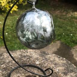 Hand Painted Glass Candle Holder. Suspended Hanging Tea Light Holder With Stand. Grey & Silver Home Decor Accessories. Homeware - thumbnail 2