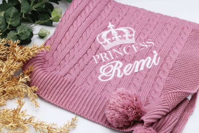 Personalised Baby Knit Blanket, Luxury Cable Knitted Personalised Embroidery Name Pom Blanket - image 1