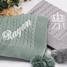 Personalised Baby Knit Blanket, Luxury Cable Knitted Personalised Embroidery Name Pom Blanket - thumbnail 3
