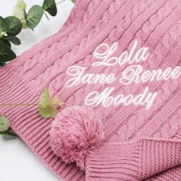 Personalised Baby Knit Blanket, Luxury Cable Knitted Personalised Embroidery Name Pom Blanket - thumbnail 2