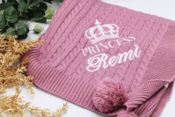 Personalised Baby Knit Blanket, Luxury Cable Knitted Personalised Embroidery Name Pom Blanket - thumbnail 1