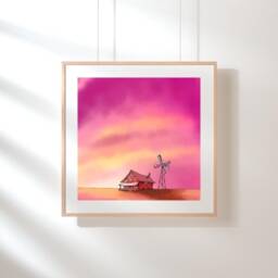 Courage The Cowardly Dog Print Pink Sunset Farmhouse Watercolor Art - thumbnail 1