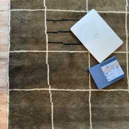 Green Moroccan Wool Checkered Rug, Hand Knotted Grid Design - thumbnail 4