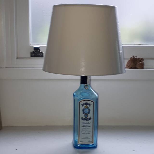 70Cl Bombay Sapphire Gin Bottle - Upcycled Table Lamp Without Lampshade - 3Amp UK Electrical Plug With On/Off Switch - image 1
