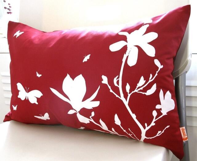 Red Magnolia & Butterfly Pillow Modern Floral Accent Pillow - 12x18 In - image 1