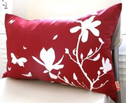 Red Magnolia & Butterfly Pillow Modern Floral Accent Pillow - 12x18 In - thumbnail 1