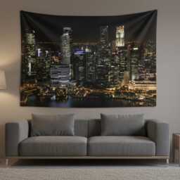 Night City View Tapestry, Urban Skyline Wall Hanging, Polyester Art For Room Decor, Backdrop Bedroom, All Sizes - thumbnail 2