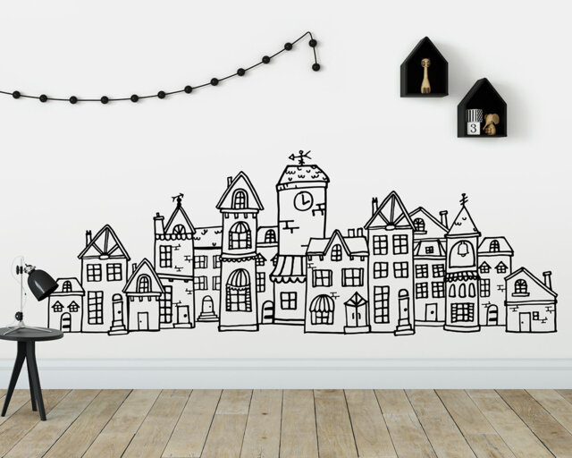 Scandinavian Style Cute Village Wall Decal - Hand Drawn Town Decal, City Scandi Nursery, Nursery Nordic - image 1