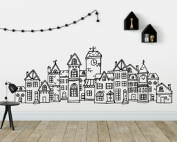 Scandinavian Style Cute Village Wall Decal - Hand Drawn Town Decal, City Scandi Nursery, Nursery Nordic - thumbnail 1
