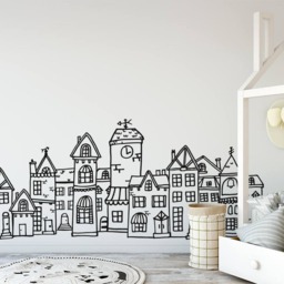 Scandinavian Style Cute Village Wall Decal - Hand Drawn Town Decal, City Scandi Nursery, Nursery Nordic - thumbnail 2