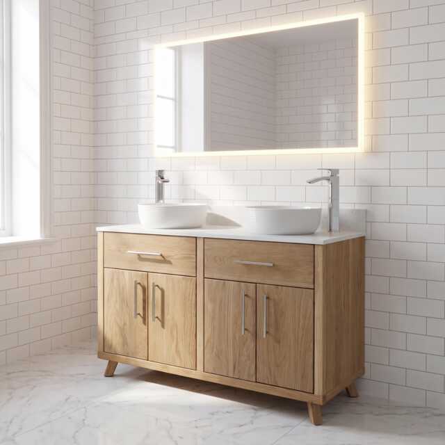 Hand-Crafted Oak Double Bathroom Vanity Unit - Quartz Top, His & Hers Clear Satin Finish - image 1