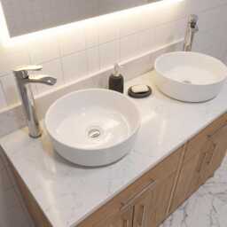 Hand-Crafted Oak Double Bathroom Vanity Unit - Quartz Top, His & Hers Clear Satin Finish - thumbnail 2