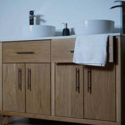Hand-Crafted Oak Double Bathroom Vanity Unit - Quartz Top, His & Hers Clear Satin Finish - thumbnail 2