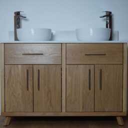Hand-Crafted Oak Double Bathroom Vanity Unit - Quartz Top, His & Hers Clear Satin Finish - thumbnail 3