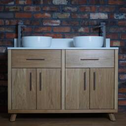 Hand-Crafted Oak Double Bathroom Vanity Unit - Quartz Top, His & Hers Clear Satin Finish - thumbnail 4