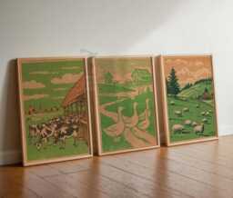 Rustic Farmhouse Prints Set, Vintage Country Landscape Posters - thumbnail 1