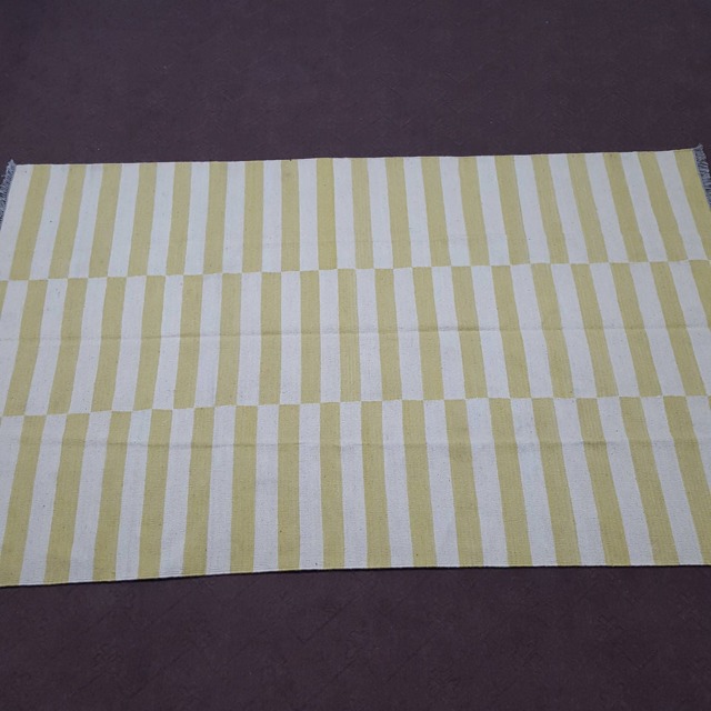 Made To Order Yellowish Green & White/Off-White Striped Kilim/Dhurrie Rug, Flatweave Rug - image 1
