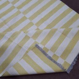 Made To Order Yellowish Green & White/Off-White Striped Kilim/Dhurrie Rug, Flatweave Rug - thumbnail 3