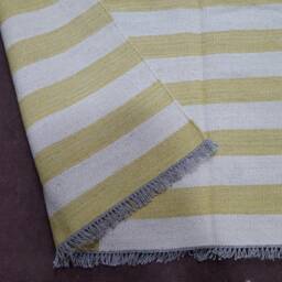 Made To Order Yellowish Green & White/Off-White Striped Kilim/Dhurrie Rug, Flatweave Rug - thumbnail 2