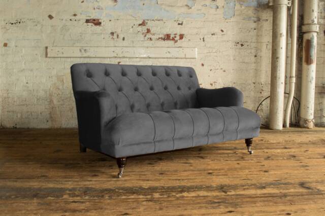 2 Seater Graphite Grey Velvet Chesterfield Sofa, Low Retro Design, British Handmade - image 1