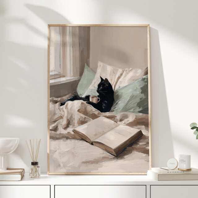 Black Cat Reading in Bed Print - Cozy Morning Oil Painting Style Lover Wall Art Book - image 1