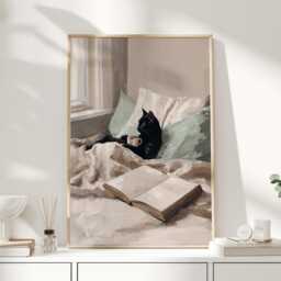 Black Cat Reading in Bed Print - Cozy Morning Oil Painting Style Lover Wall Art Book - thumbnail 1
