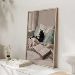 Black Cat Reading in Bed Print - Cozy Morning Oil Painting Style Lover Wall Art Book - thumbnail 2