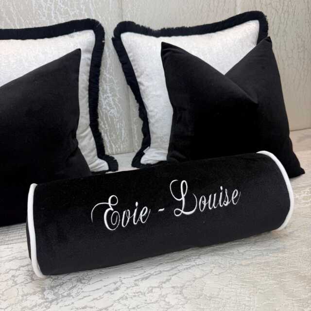 "Monochrome Black & White Velvet Personalised Cushion Bolster 16"" X 6" - image 1