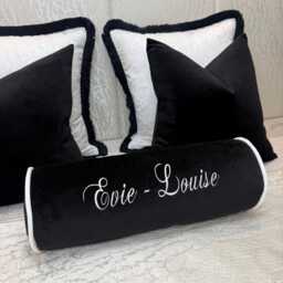 "Monochrome Black & White Velvet Personalised Cushion Bolster 16"" X 6" - thumbnail 1