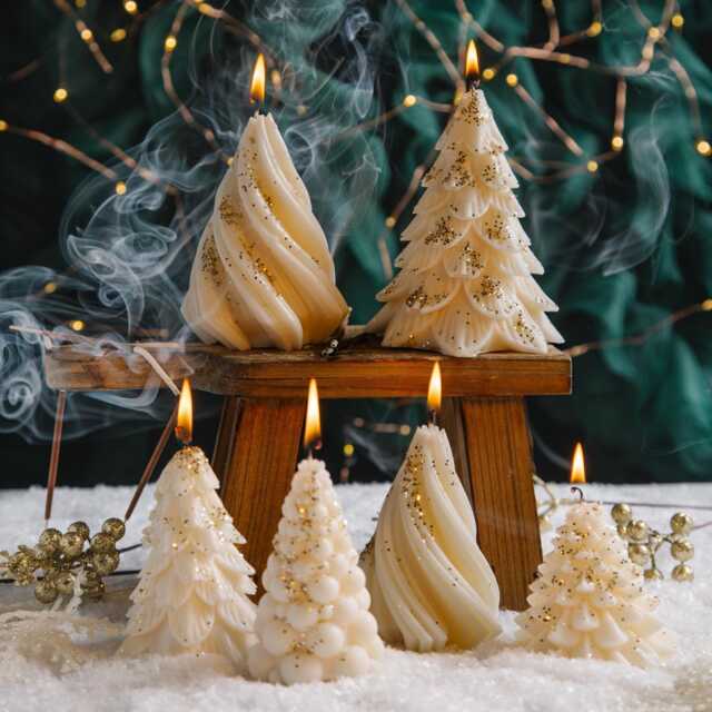 White & Gold Christmas Tree Candle - Luxury Seasonal Decor Sparkle Winter Centrepiece Handmade Holiday Accent Gift