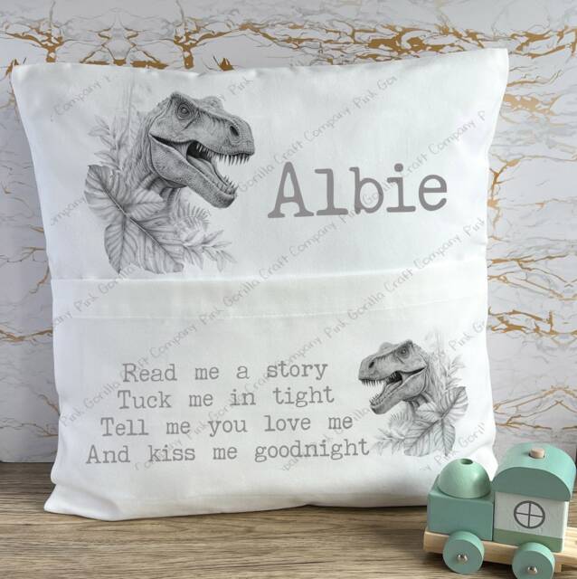 Personalised Cushion, Pocket Child Pillow, Book Holder, Pillow For Child, Sleep Aid, Dinosaur - image 1