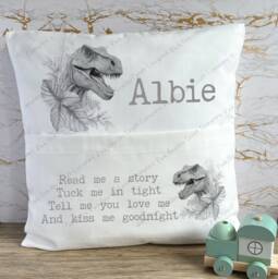 Personalised Cushion, Pocket Child Pillow, Book Holder, Pillow For Child, Sleep Aid, Dinosaur - thumbnail 1