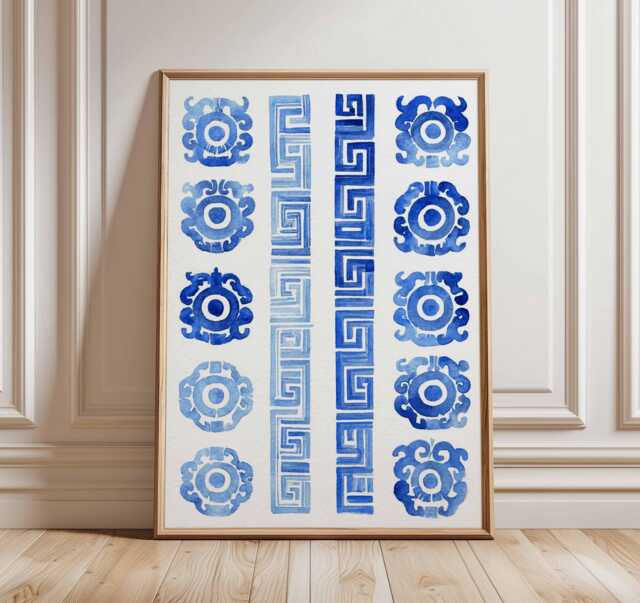 Blue Greek Pattern Art Print, Wall Art, Hellenic Geometric Poster, Mediterranean Decor, Ancient Greece Inspired Print - image 1
