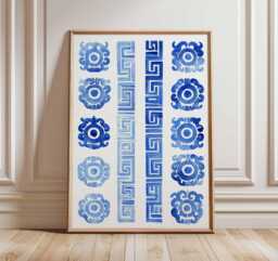 Blue Greek Pattern Art Print, Wall Art, Hellenic Geometric Poster, Mediterranean Decor, Ancient Greece Inspired Print - thumbnail 1