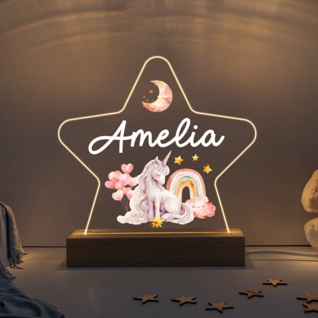 Personalised Led Unicorn Star Lamp, Kids Night Light Gift, Rainbow Light, Birthday Gifts For Kids, Baby Girl Nursery Table - image 1