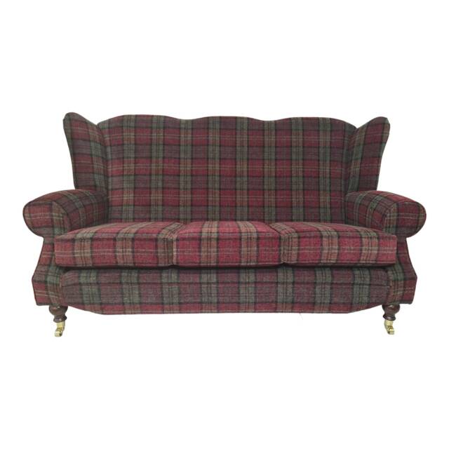 Queen Anne Wingback Sofa Lana Red Tartan Fabric, Brass Castor Legs - image 1