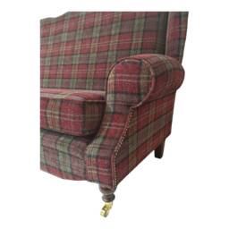 Queen Anne Wingback Sofa Lana Red Tartan Fabric, Brass Castor Legs - thumbnail 3