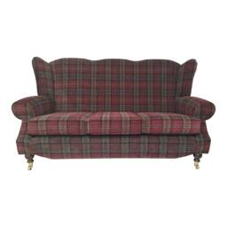 Queen Anne Wingback Sofa Lana Red Tartan Fabric, Brass Castor Legs