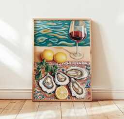 Oyster & Wine Poster, Mediterranean Coastal Print, Kitchen Wall Art - thumbnail 1
