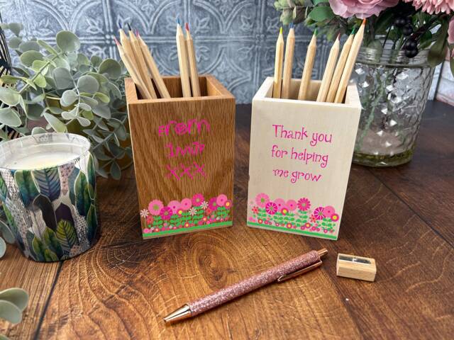 Personalised Wooden Flower Design Pencil Pot - Teacher Gift - image 1