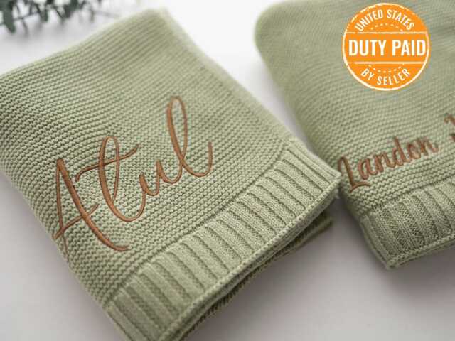 Personalized Embroidered Cotton Knit Baby Name Blanket, Custom Nursery Throw - 30x40 Inches - image 1
