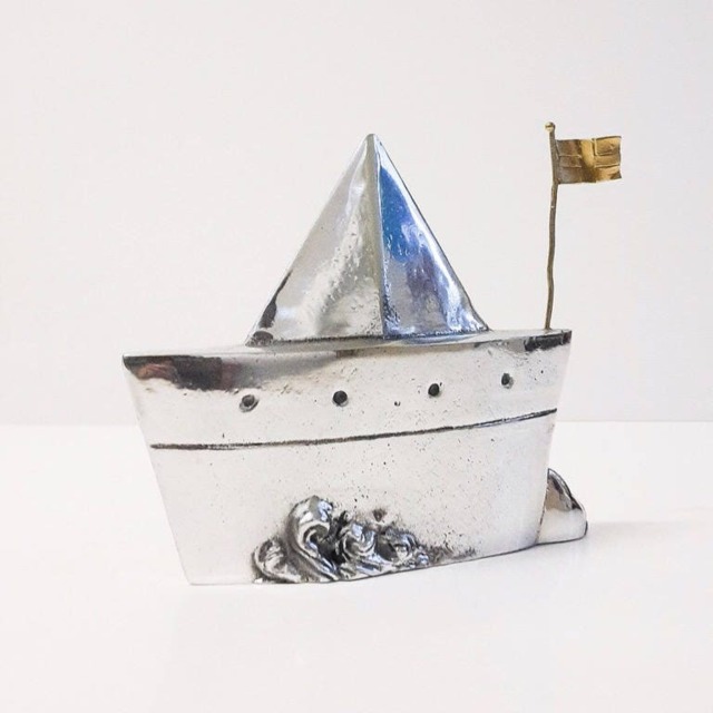Handmade Cast Aluminum Boat Sculpture, Modern Greek Art - image 1