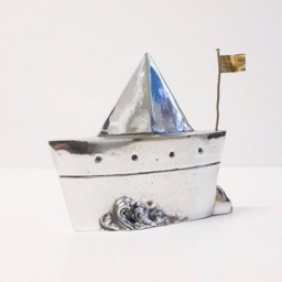 Handmade Cast Aluminum Boat Sculpture, Modern Greek Art - thumbnail 1