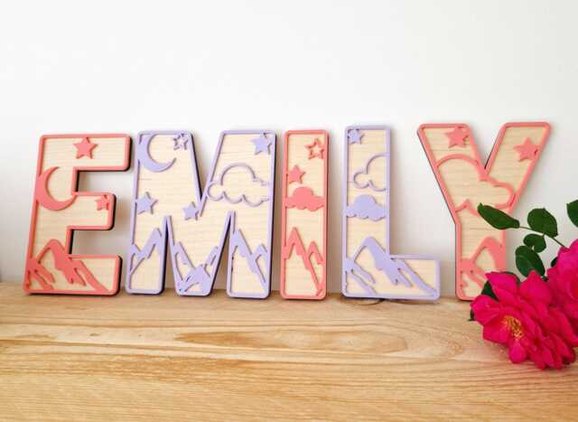 Moon & Mountains Letters Alphabet, Personalised Moon & Stars Wall Name Sign, Adventure Nursery Decor, Explorer Kids Bedroom, Girl Boy Room - image 1