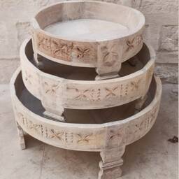 Indian Grinder Chakki Table Set Of Three - Indian Coffee Table - thumbnail 4