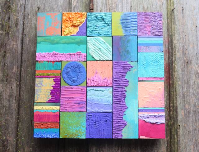 Big Abstract Modern Mixed Media Handpainted Wood Block Glazed Collage 15Ins Sq Southwest Cailfornia Mid Century Decor Trends Bedroom Office - image 1